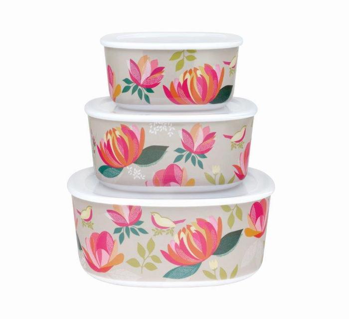 Set of 3 Pink Peony Flower Print Melamine Storage Containers By Sara